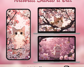 Sakura Cat Desktop Hintergrundbilder, kawaii Hintergrundbilder, pastellfarbener kawaii Desktop Hintergrund, gemütlicher Laptop Desktophintergrund, pastellrosa Hintergrund