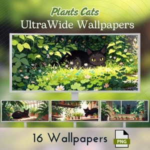 May include: Digital artwork showing a black cat in a garden setting, with the text "Plants Cats UltraWide Wallpapers". Below, it reads "16 Wallpapers". Additional images show cats with plants. The image is in PNG format.
