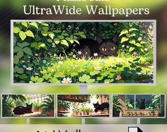 Kawaii Black Cat Ultrawide Wallpaper: Lofi Plants, Pastel Decor (Digital Download 6720x2880 px)