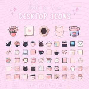 May include: A set of 48 pink and white desktop icons featuring a cute cartoon cat with cherry blossoms. The icons include a variety of themes, such as coffee, books, and flowers. The text "Sakura Cat Desktop Icons" is at the top of the image.