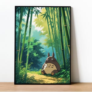 May include: A brown and gray cartoon character with large ears and a fluffy body sits in a green bamboo forest. The character has a friendly expression and is surrounded by tall green bamboo stalks.