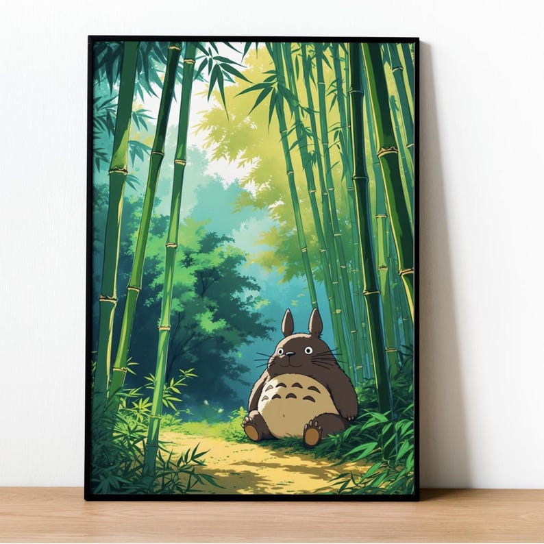 May include: A brown and gray cartoon character with large ears and a fluffy body sits in a green bamboo forest. The character has a friendly expression and is surrounded by tall green bamboo stalks.