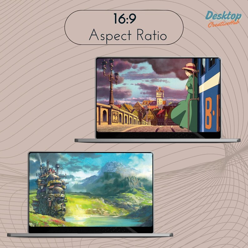 K&ouml;nnte beinhalten: Zwei Laptops mit unterschiedlichen Hintergr&uuml;nden. Der obere Laptop zeigt eine Szene aus dem Animationsfilm &bdquo;Das wandelnde Schloss&ldquo;, mit einer Frau, die auf einem Bahnsteig steht. Der untere Laptop zeigt eine Szene aus dem Animationsfilm &bdquo;Das wandelnde Schloss&ldquo;, mit einem gro&szlig;en, beweglichen Schloss in einem gr&uuml;nen Feld.