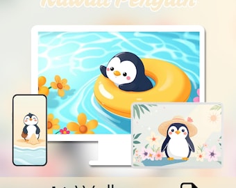Kawaii Pinguin Wallpaper: Sommer Cartoon Hintergründe (Digitaler Download)