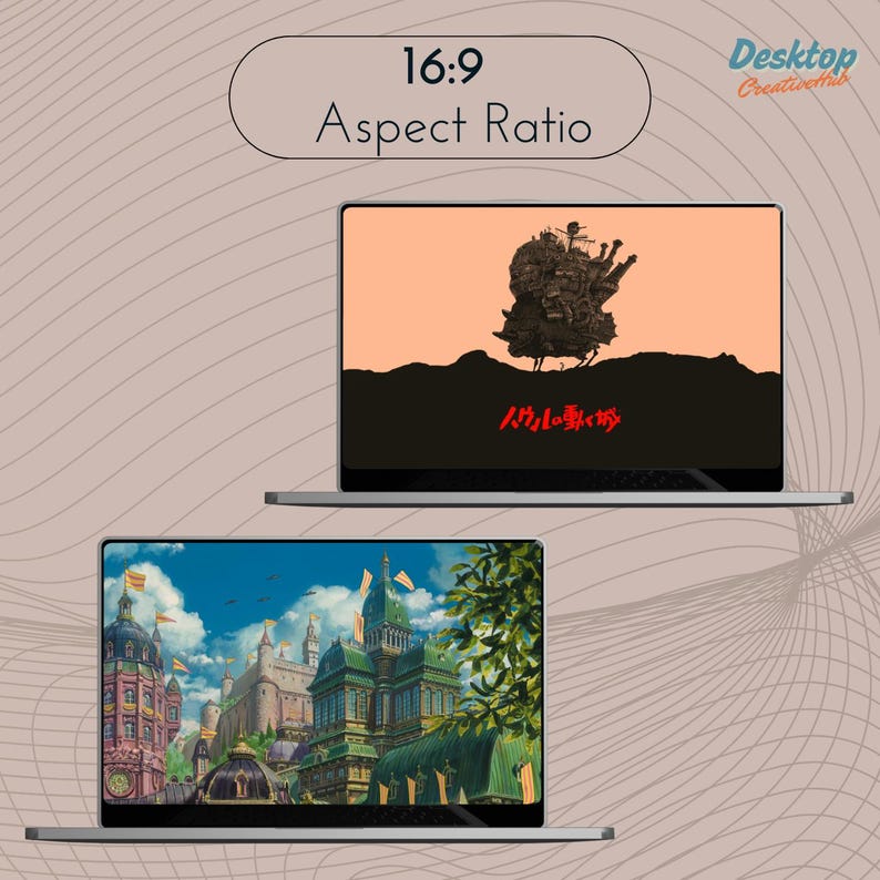 K&ouml;nnte beinhalten: Zwei Laptops mit unterschiedlichen Hintergrundbildern. Der obere Laptop hat einen hellorangen Hintergrund mit einer schwarzen Silhouette einer fliegenden Maschine und dem japanischen Text "ハウルの動く城". Der untere Laptop hat einen bunten Hintergrund mit einer Stadtlandschaft und einem gr&uuml;nen Baum.