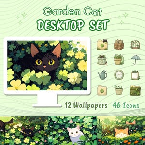 Green Cat Lofi, Desktop Set, Green Desktop Set, Icons, Plants, Desktop Organizer, Plants Cat Folder, Green Background, Mac Bundle Aesthetic