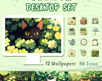 May include: A desktop set featuring a black cat hiding in a patch of green clover with yellow flowers. The set includes 12 wallpapers and 46 icons.