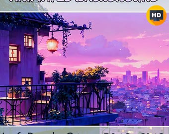 Animated Purple Lofi City Background: 4K Moving Wallpaper (Digital Download)