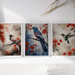 Arte mural de pájaros japoneses, juego de 3 láminas, póster de tinta estilo sumi-e, arte botánico, pájaros y flores, arte mural neutro, lámina artística, decoración del hogar