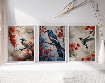 Japanese Bird Art Prints: Sumi-e Ink Style (Set of 3) (Digital Download)