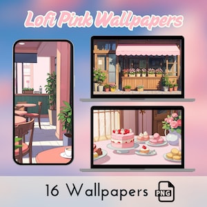 Lofi Pink Wallpapers Pack, cute art kawaii scenery cat coffee background, cozy anime, desktop wallpaper, phone wallpaper, digital download