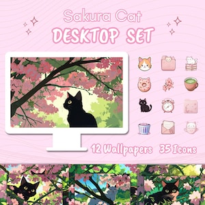 Sakura Cat Kawaii, Desktop Set, Cute Wallpapers, Icons, Pink, Desktop Organizer, Cute Cat Folder, Cat desktop Wallpaper, Mac Bundle Desktop