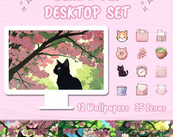 Sakura Cat Desktop Set: Kawaii Pink Wallpaper & Icons (Digitaler Download))