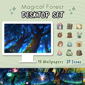 Set desktop con foresta magica, icone Lofi Forest, sfondo desktop, organizzatore desktop, icone desktop computer, organizzatore cartelle, sfondo foresta