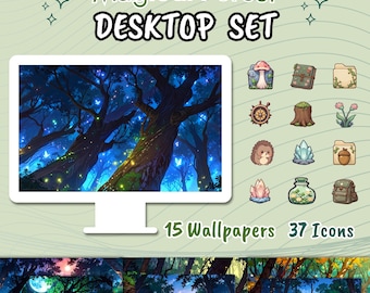 Magical Forest Desktop Set: Lofi Kawaii Icons & Wallpaper (Digitaler Download)