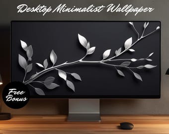 Silver Leaves Minimalist Wallpaper: Black 4K Desktop Background (Digital Download)