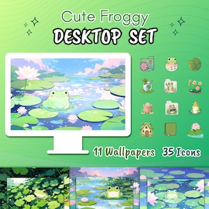 Cute frog desktop set, Desktop wallpapers, Icons folders, froggy wallpaper,Cute Desktop Organizer, Background windows, Windows and Mac icons