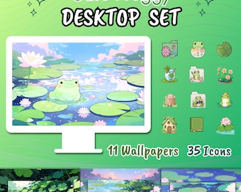 Cute Frosch Desktop-Set, Desktop-Hintergründe, Icons-Ordner, Frosch-Tapete, Cute Desktop Organizer, Hintergrund-Fenster, Windows- und Mac-Symbole