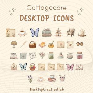 Può includere: Una collezione di icone per desktop a tema cottagecore, con illustrazioni di farfalle, libri, tazze da tè e altri elementi stravaganti. Il testo "Cottagecore DESKTOP ICONS" è visualizzato in alto, con il nome del creatore in basso.