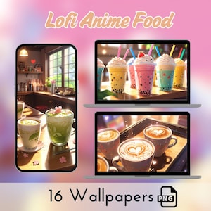 Lofi Anime Food Wallpaper, cute desserts wallpapers, food japanese kawaii background, desktop tablet phone digital download,  sweet dessert