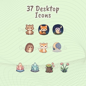 May include: A collection of 37 desktop icons featuring woodland creatures and nature elements. The icons include a raccoon, fox, owl, hedgehog, fox, moon, crystals, a tree stump, and flowers. The text "37 Desktop Icons" is at the top.