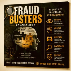 May include: A framed poster with the words "FRAUD BUSTERS PSYCHOLOGY" in white and yellow. The poster includes a diagram of a human head with puzzle pieces and text about fraud investigation and prevention. A magnifying glass and scales are also visible.