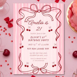 Retro Hand Drawn Red bow Party Invite, Coquette Red and Pink Bow Birthday Invitation, Red Cherries, Canva Template