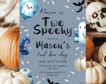 May include: A Halloween party invitation with the text "Two Spooky" and "Mason's 2nd boo-day." The invitation is surrounded by pumpkins, skulls, bats, and a spiderweb. The invitation is light blue with illustrations of ghosts and a witch's hat.