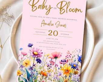 Editable Baby in Bloom Baby Shower Invitation, Wildflower Baby Party Invite, Pink Spring Flowers, It's a Girl Invitation, Canva Template