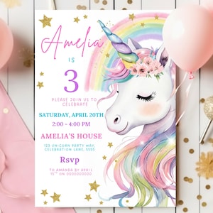 Bearbeitbare Einhorn-Geburtstags-Einladung Magische Pastellregenbogen-Einhorn-Geburtstagsfeier-Wunder Märchen-Einhorn-Prinzessin Canva Vorlage