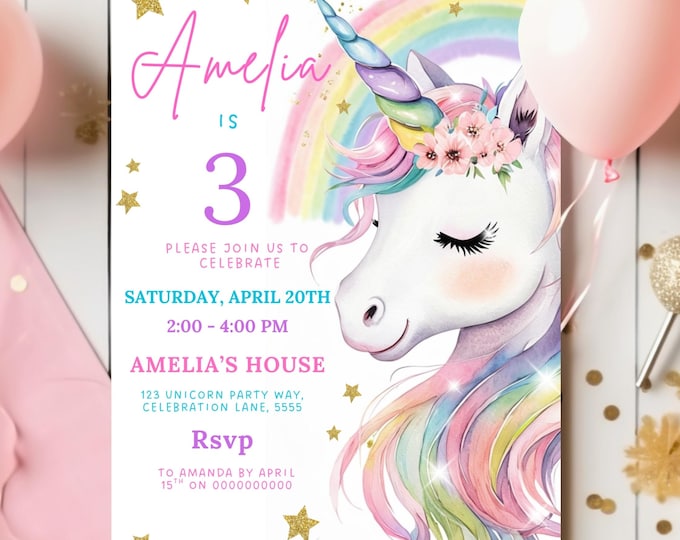 Editable Unicorn Birthday Invitation Magical Pastel Rainbow Unicorn Birthday Party Whimsical Fairytale Unicorn Princess Canva Template