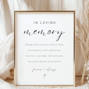 May include: A white framed sign with black text that reads "In loving memory" and a poem about remembering someone who has passed away. The poem reads: "Though you're not here with us today, In our hearts, you'll always stay. Your love, your light, will never part, For you're forever in our hearts. forever + always ♡"
