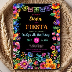 Fiesta Birthday Party Invitation Template, Mexican Birthday Invitation, Bright Colorful Florals, No time to Siesta Let&#39;s Fiesta, Girl Invite