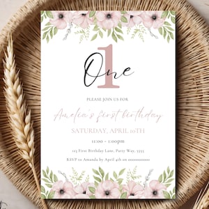 Floral Birthday Invitation First Birthday Invite Boho Party Invite Girls Flower First Birthday Theme 1st Pink One Invite Canva Template