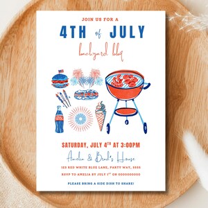 May include: A white invitation card with a 4th of July backyard BBQ theme. The card features illustrations of a hamburger, fireworks, a grill, and other festive items. The text includes the date, time, and location of the event.