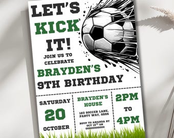 Modèle d'invitation d'anniversaire de football modifiable, invitation de football, invitation de football pour enfants, téléchargement immédiat, toile. Invitation Let's Kick it Soccer