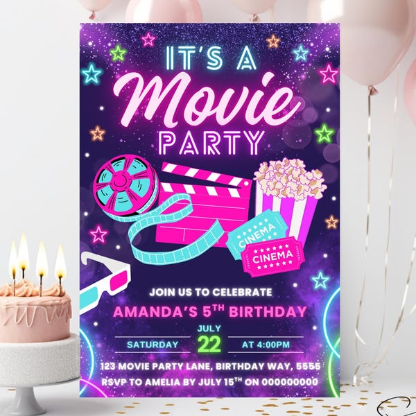Movie Night Birthday Invitation, Movie Party Invitation, Cinema Invitation, Pink Movie Night Invite, Girls Movie Party, Canva Editable