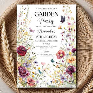 Invitation d'anniversaire fleurs sauvages Garden Party inviter fille 16e 18e 21e anniversaire Floral fleurs de printemps papillon modèle de toile modifiable
