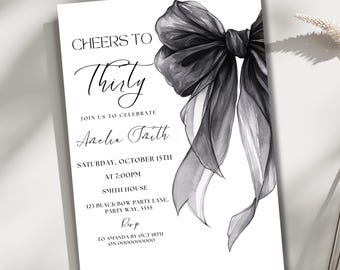 Black Bow Birthday Invitation, Minimalist Black Bow Birthday Invite, Coquette Black Bow Invitation, Talk Thirty to me, Cheers to 30, Canva