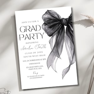 Graduation Party Invitation Black Bow Graduation Announcement Template Grad Party Invite Modern Graduate Invite Bow Digital Canva Editable