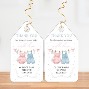 Pink oder Blau Baby Kleidung Gender Reveal Danke Geschenkanhänger Wäscheleine Gender Reveal Laden Er oder Sie, was Baby sein wird Überraschung Geschlecht