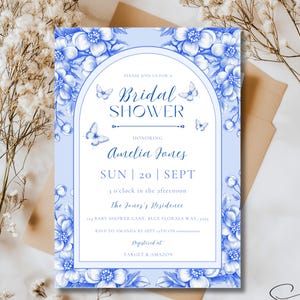 Floral Bridal Shower Invitation, Editable Chinoiserie Bridal Party Invite, Classic Blue Floral Toile Wedding Shower Template, Delft Blue