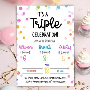 Editable Triple Birthday Invitation Sibling Birthday Invitation Triple Combined Twins Invite Joint Friends Birthday Editable Canva Template
