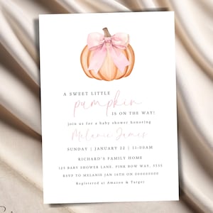 Pink Bow Girl Baby Shower Invitation Template Little Pumpkin is On Her Way Watercolor Pink Pumpkin Fall Theme Baby Invite Autumn Canva