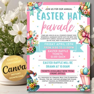 Easter Hat Parade Flyer, Community Easter Hats Poster, Easter Egg Hunt, Church Easter Poster, PTA, PTO, School Easter Hat Event, Canva