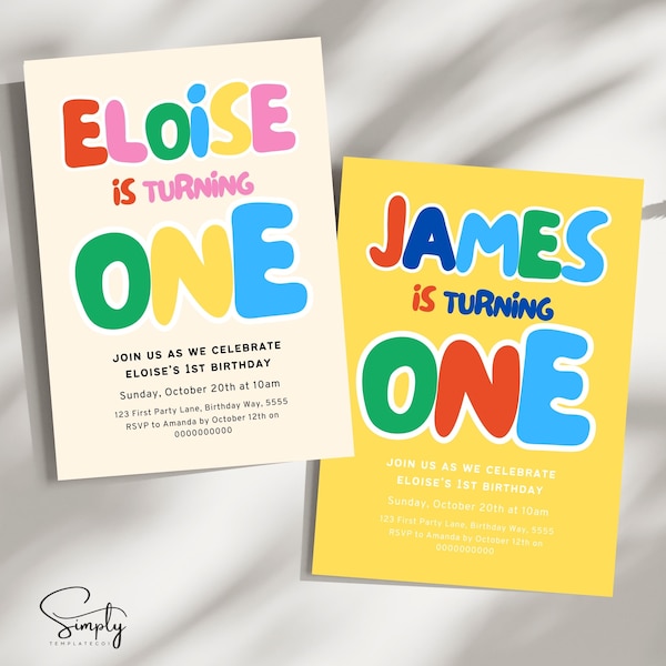 Faire-part d'anniversaire pour enfants, invitation à une fête rétro pour enfants, 1er anniversaire d'invitation sans distinction de sexe, bloc de couleur pour enfants, couleurs rétro, fille garçon