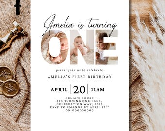 Invitación de cumpleaños editable con foto inicial, para niña, primer cumpleaños, estilo bohemio minimalista, para niño, plantilla Canva con una foto