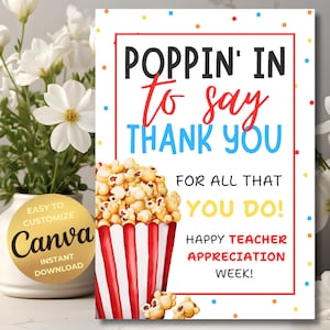 Cartello di apprezzamento per gli insegnanti di popcorn MODIFICABILE, manifesto "Far comparire per dire grazie", settimana di apprezzamento del personale, volantino di ringraziamento per gli infermieri, Canva