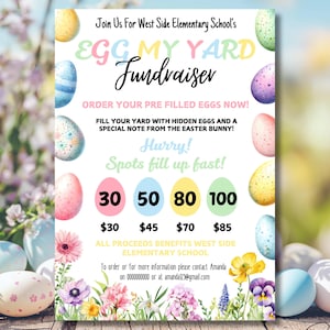 Inzamelingsflyer EGG MY YARD, paasflyer school, waardering leraar kerk liefdadigheidsinstelling, paaseieren zoeken, v.z.o., canvas