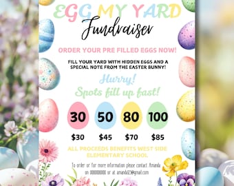 Può includere: Un volantino colorato che pubblicizza una raccolta fondi "Egg My Yard" per la scuola elementare West Side. Il volantino presenta un'illustrazione ad acquerello di uova di Pasqua e fiori. Il testo sul volantino recita "Unisciti a noi per la raccolta fondi Egg My Yard della scuola elementare West Side. Ordina subito le tue uova pre-riempite! Riempi il tuo giardino con uova nascoste e un messaggio speciale dal coniglietto di Pasqua! Affrettati! I posti si riempiono velocemente! 30 30 €, 50 45 €, 80 70 €, 100 85 €. Tutto il ricavato andrà a beneficio della scuola elementare West Side. Per ordinare o per maggiori informazioni, contatta Amanda al 0000000000 o all'indirizzo amanda123@gmail.com."